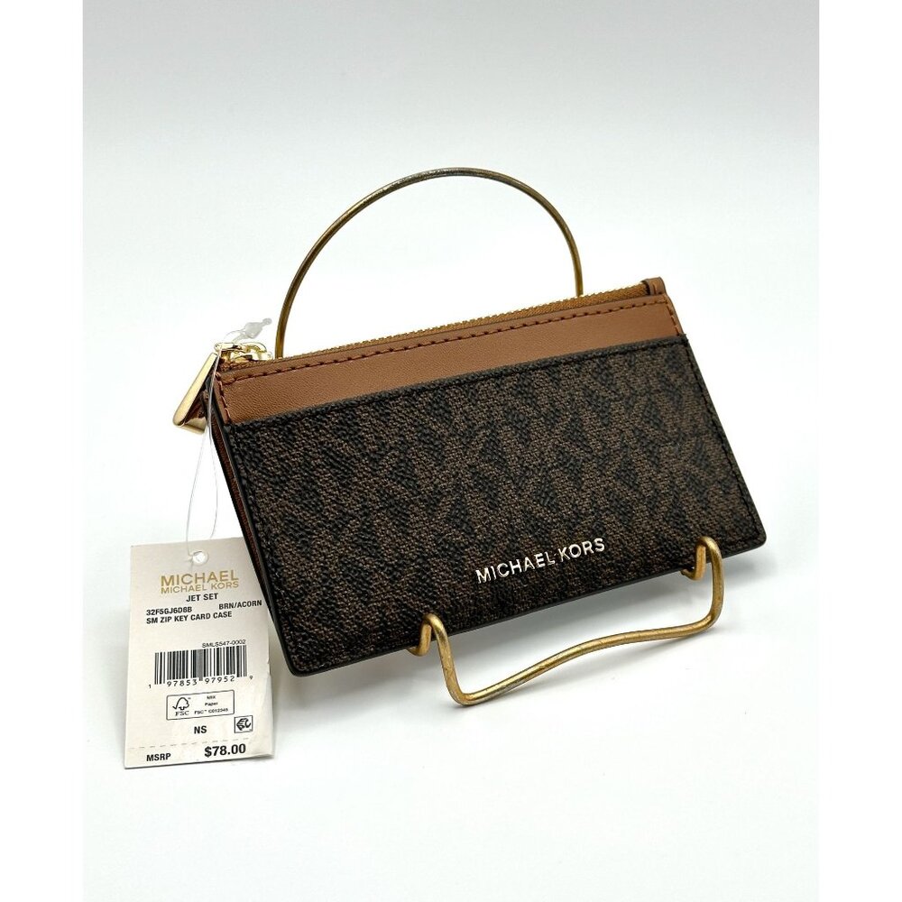 Michael Kors Jet Set Brown Acorn Small Zip Key Card Case 32F5GJ6D8B NWT